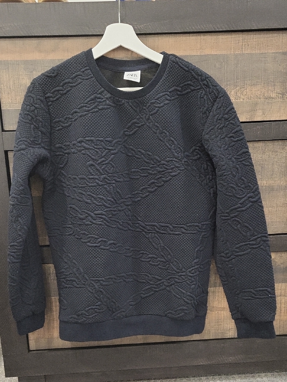 Zara Men’s Dark Navy Cable-Texture Crewneck Sweater